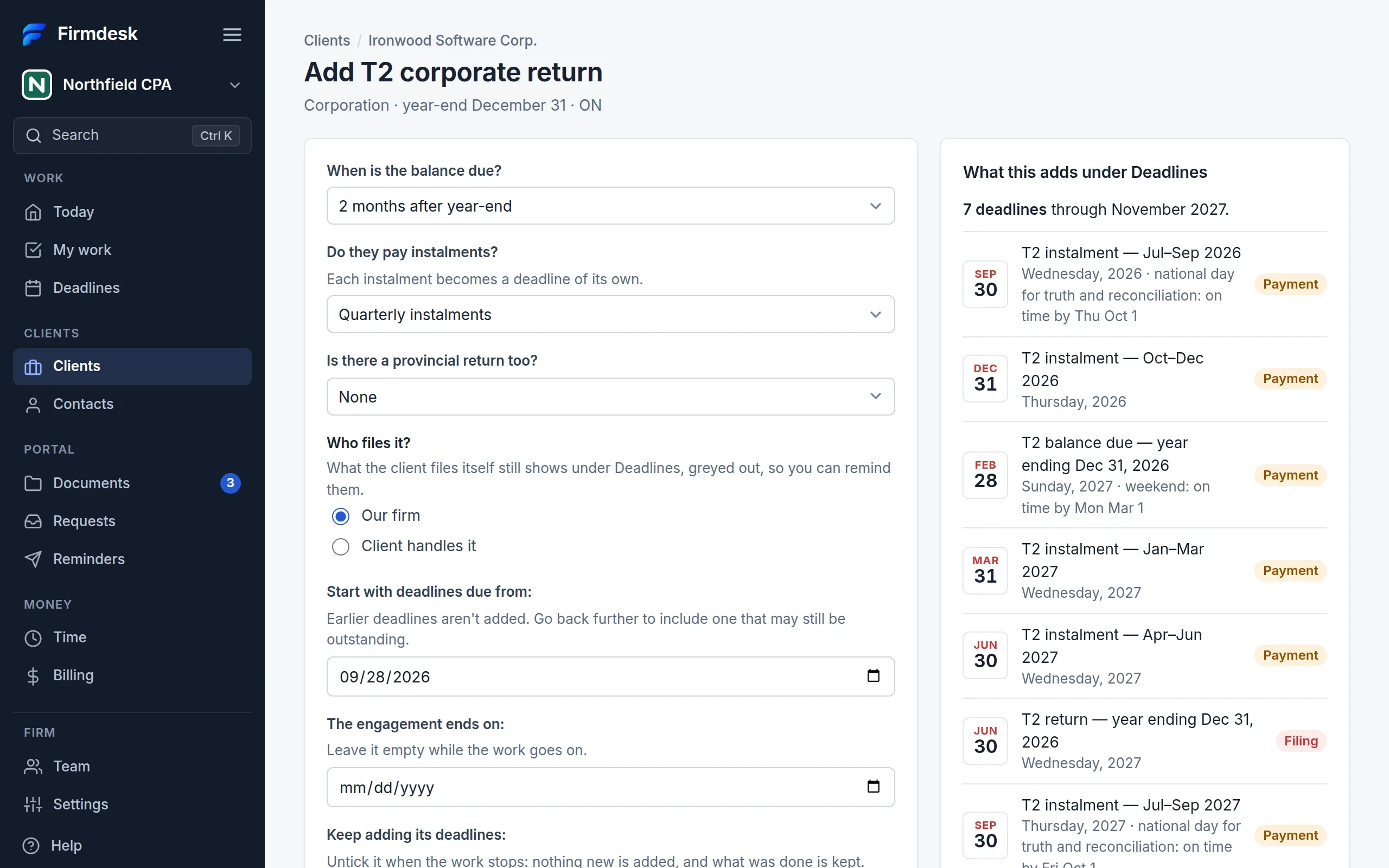 Adding a T2 corporate return to a client: the questions on the left, and on the right the seven deadlines it adds, from the September instalment to the return due June 30.
