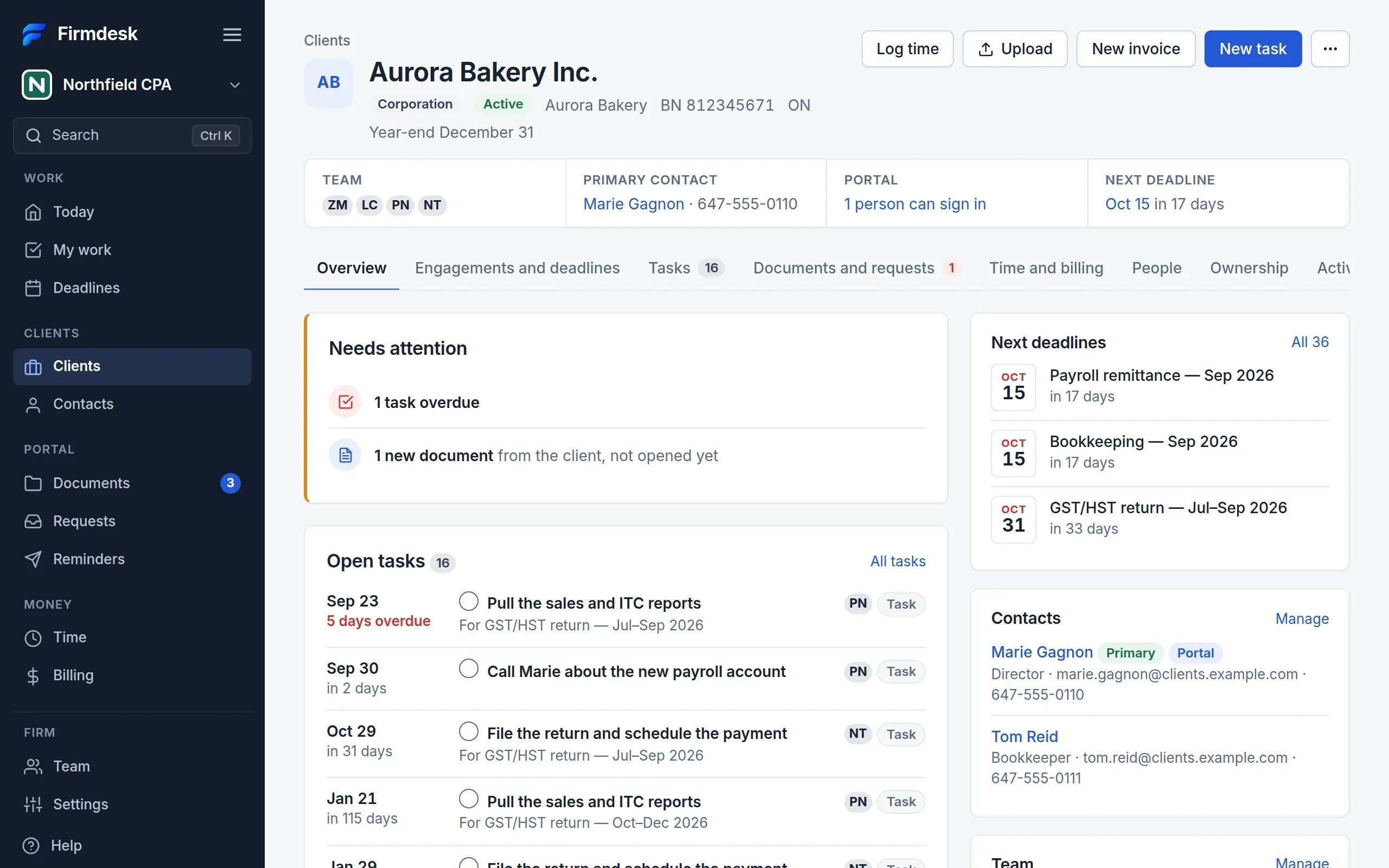 A made-up client's record, Aurora Bakery Inc.: its type, business number and year-end, its team, primary contact and next deadline, then tabs, what needs attention and its open tasks.