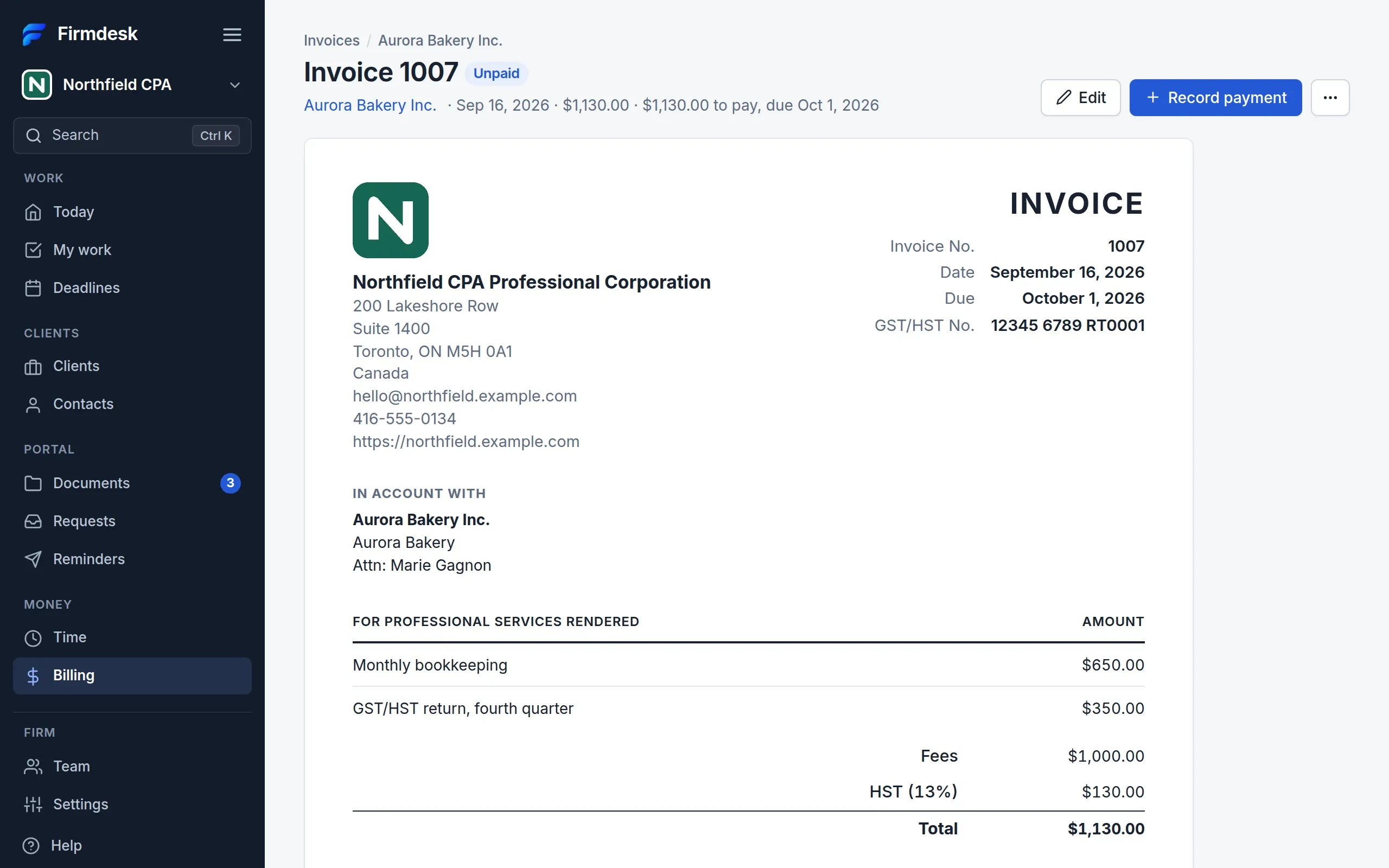 An invoice at a made-up firm, with its lines, HST and total, ready to print or save as a PDF.