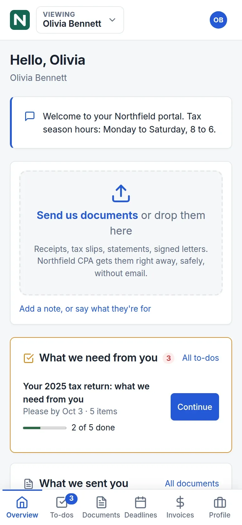 The portal's overview on a phone, for a made-up client: a box to send documents, then What we need from you, with a request two of five done.