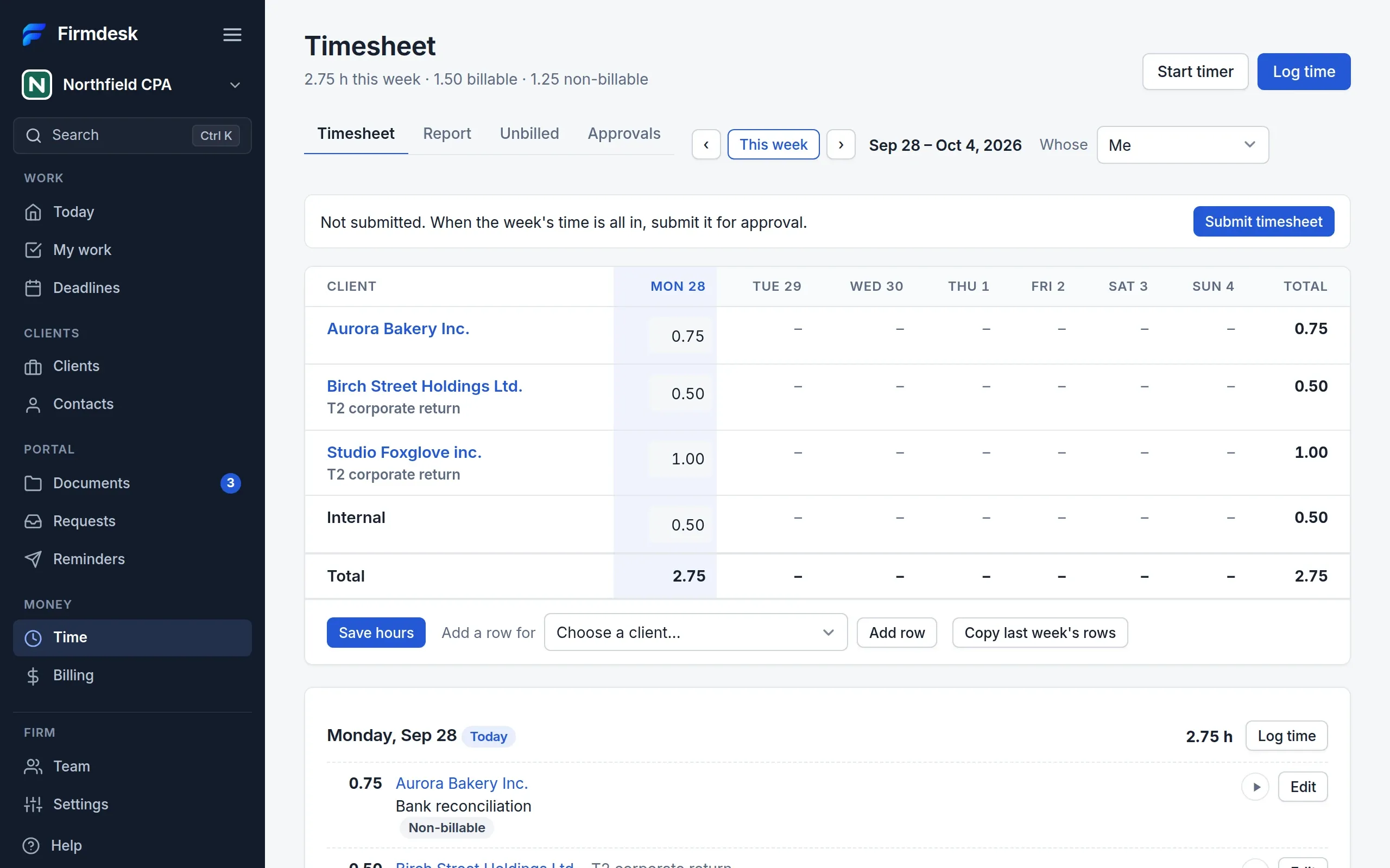 A weekly timesheet at a made-up firm: a row per client with the hours of each day, 2.75 hours this week.
